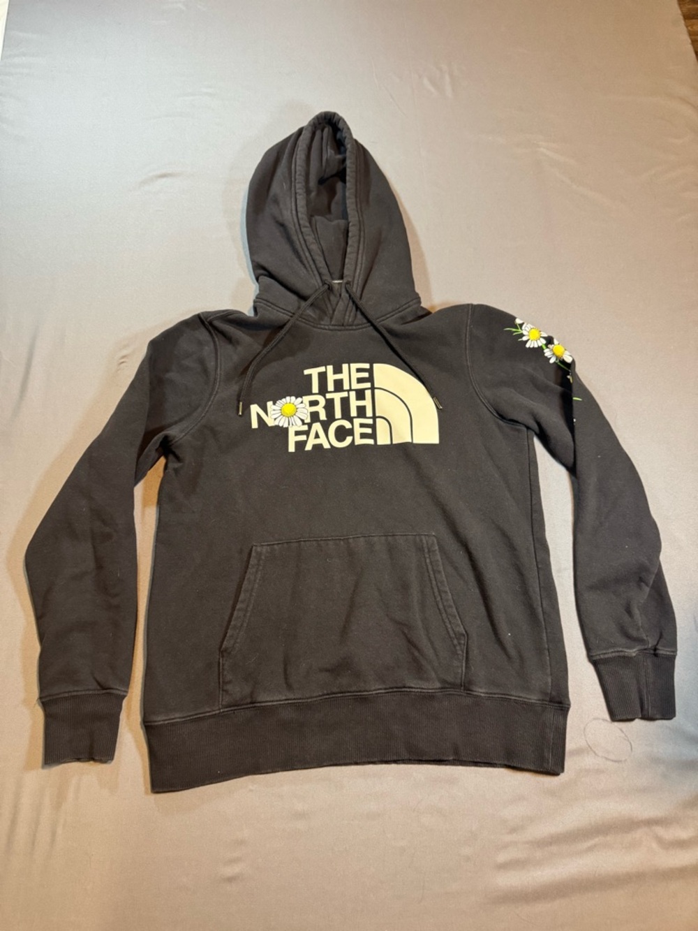 The North Face Black Hoodie with Cream Logo and Daisy Sleeve
